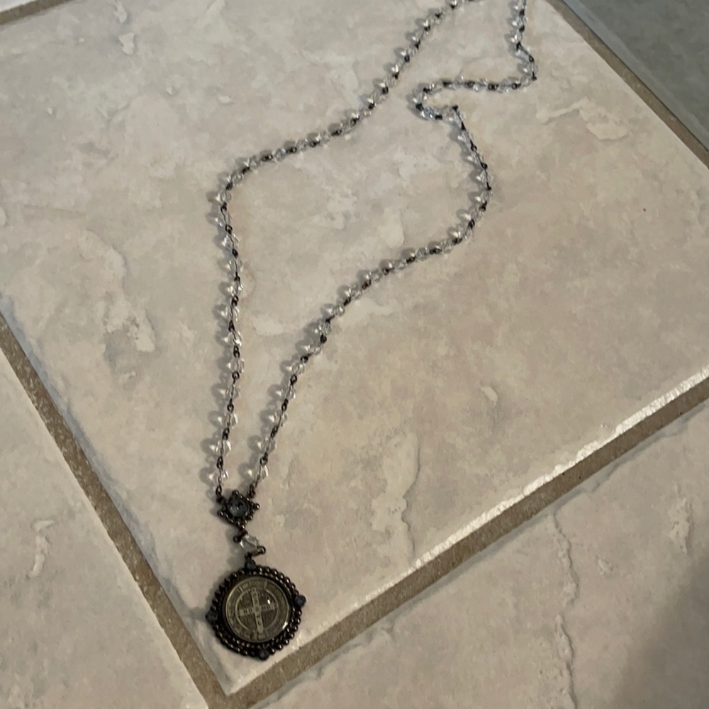 Virgins Saints & Angels San Benito Rosary Necklace Vintage with Clear Beads